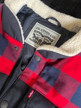 Levi's Red & Navy Buffalo Plaid Sherpa-Lined Puffer Jacket